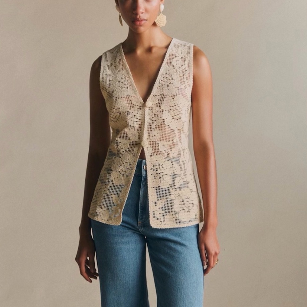 Sézane Crochet Lace V-Neck Vest in Light Beige - Picture 2 of 6